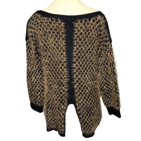 Marble Black Brown Knit Sweater Fuzzy Boat Neck Long Sleeves Slit Back Sz Medium - Picture 3 of 11